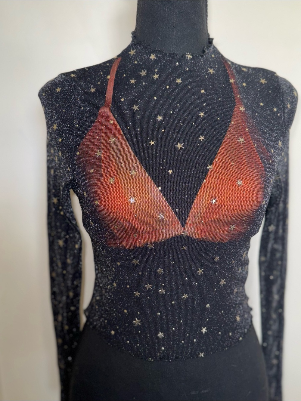 Celestial Gold Metallic Foil Star Sheer Mesh Mock Neck Festival Rave Crop Top